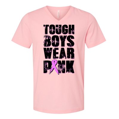 Distressed Tough Boys Wear Pink Breast Cancer Awareness V-Neck T-Shirt