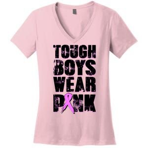 Distressed Tough Boys Wear Pink Breast Cancer Awareness Women's V-Neck T-Shirt