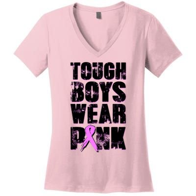 Distressed Tough Boys Wear Pink Breast Cancer Awareness Women's V-Neck T-Shirt