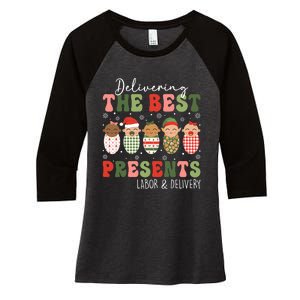 Delivering The Best Presents Labor Delivery Nurse Christmas Women's Tri-Blend 3/4-Sleeve Raglan Shirt