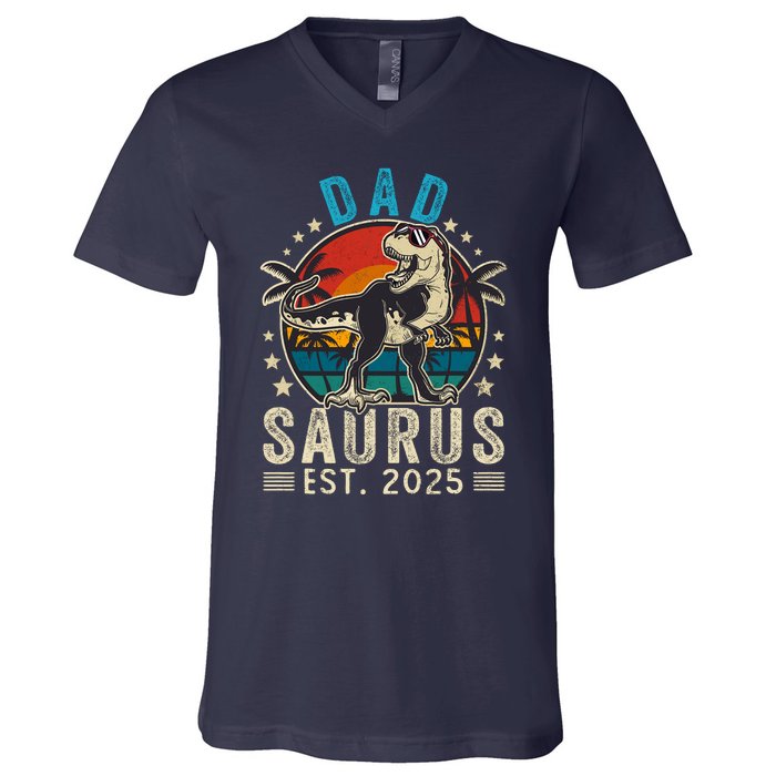 Dad To Be 2025 Dad Saurus Dinosaur Promoted To Daddy 2025 V-Neck T-Shirt