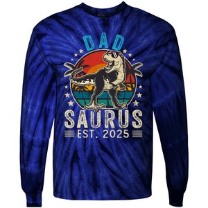 Dad To Be 2025 Dad Saurus Dinosaur Promoted To Daddy 2025 Tie-Dye Long Sleeve Shirt