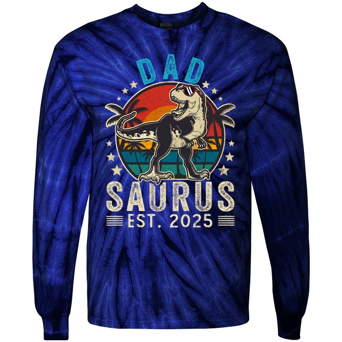 Dad To Be 2025 Dad Saurus Dinosaur Promoted To Daddy 2025 Tie-Dye Long Sleeve Shirt