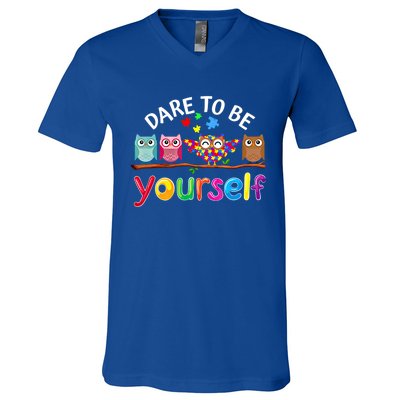 Dare To Be Yourself Cute Night Owls Autism Awareness Month Gift V-Neck T-Shirt