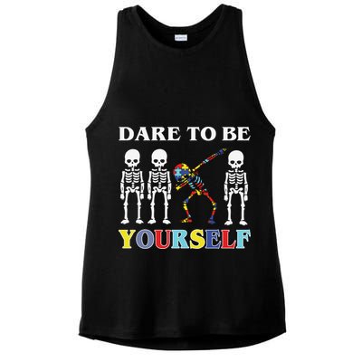 Dare To Be Yourself Autism Awareness Skeleton Ladies PosiCharge Tri-Blend Wicking Tank