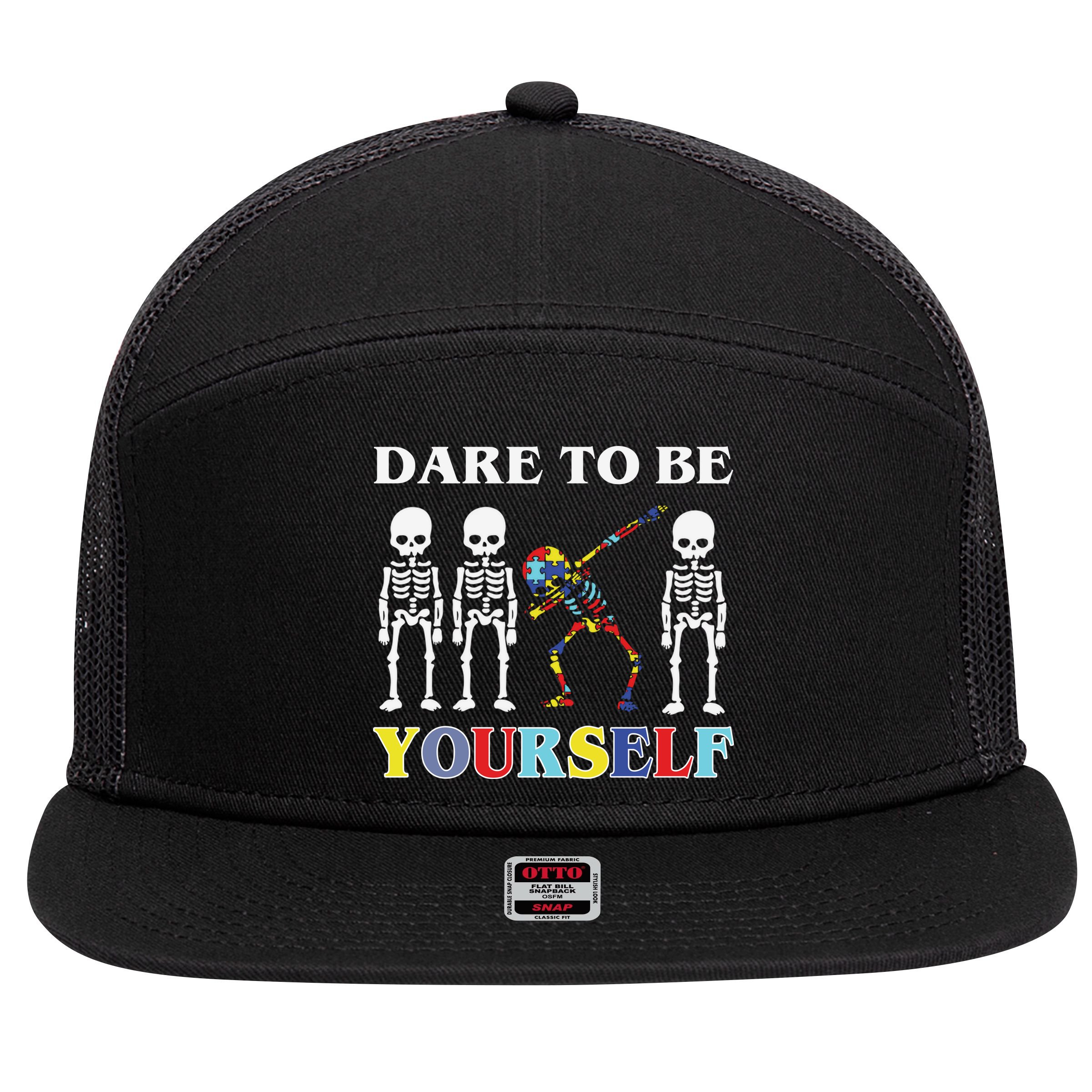 Dare To Be Yourself Autism Awareness Skeleton 7 Panel Mesh Trucker Snapback Hat