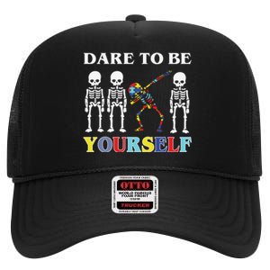 Dare To Be Yourself Autism Awareness Skeleton High Crown Mesh Back Trucker Hat