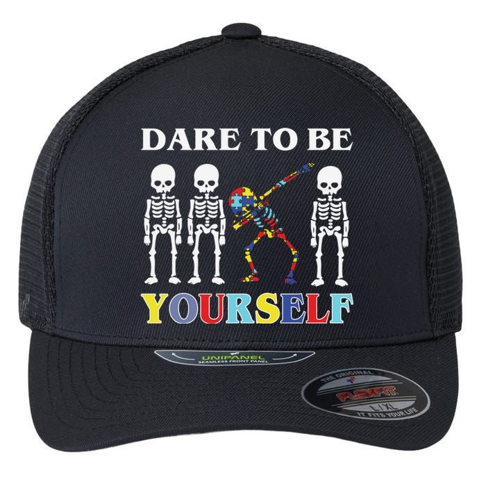 Dare To Be Yourself Autism Awareness Skeleton Flexfit Unipanel Trucker Cap