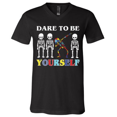 Dare To Be Yourself Autism Awareness Skeleton V-Neck T-Shirt