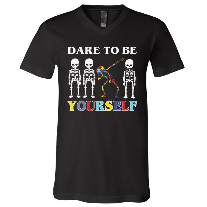 Dare To Be Yourself Autism Awareness Skeleton V-Neck T-Shirt