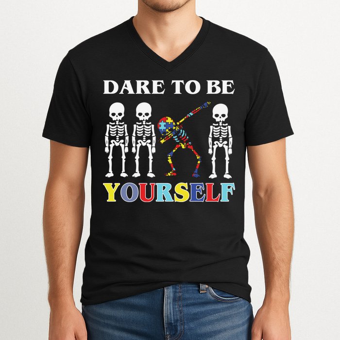 Dare To Be Yourself Autism Awareness Skeleton V-Neck T-Shirt