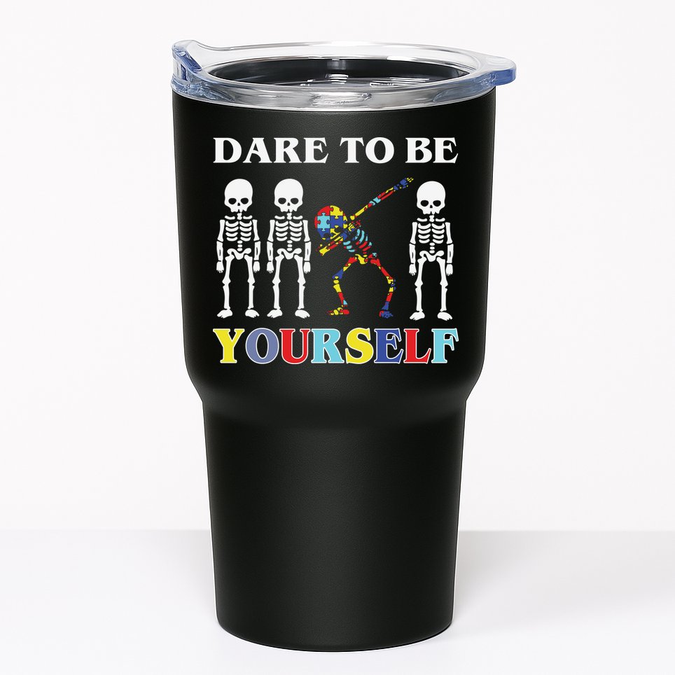Dare To Be Yourself Autism Awareness Skeleton Tumbler
