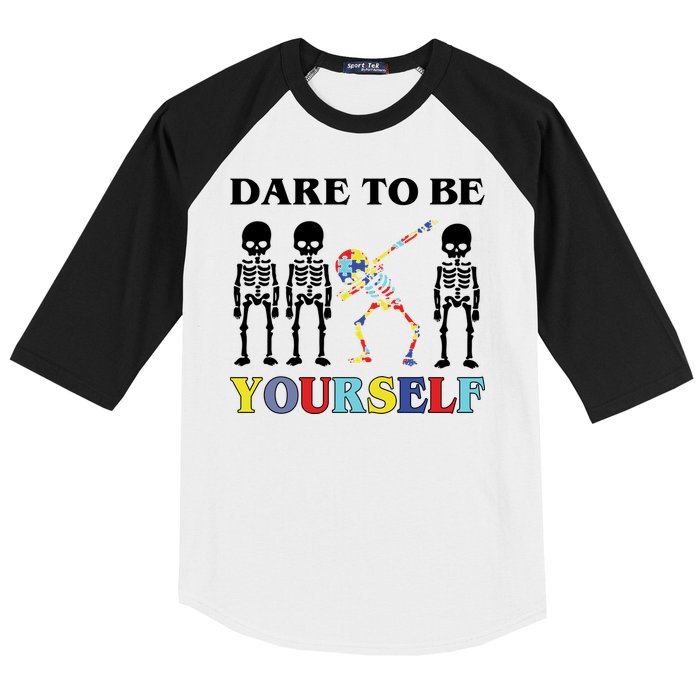 Dare To Be Yourself Autism Awareness Skeleton Baseball Sleeve Shirt