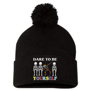 Dare To Be Yourself Autism Awareness Skeleton Pom Pom 12in Knit Beanie