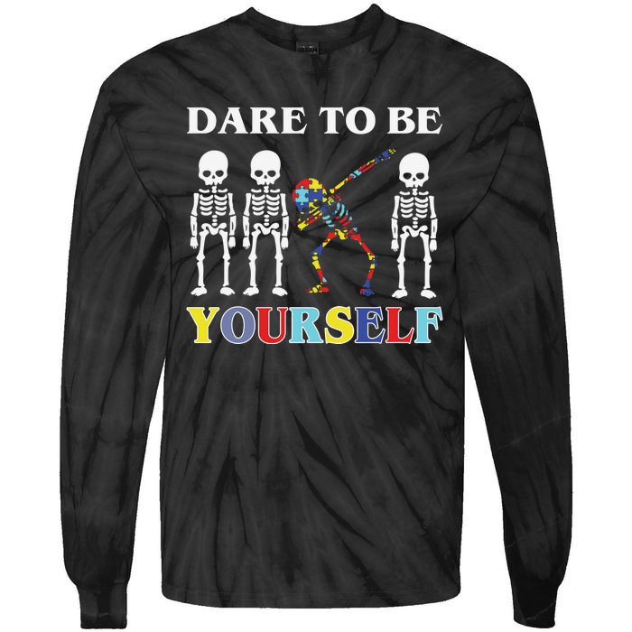 Dare To Be Yourself Autism Awareness Skeleton Tie-Dye Long Sleeve Shirt