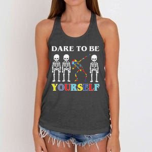 Dare To Be Yourself Autism Awareness Skeleton Women's Knotted Racerback Tank