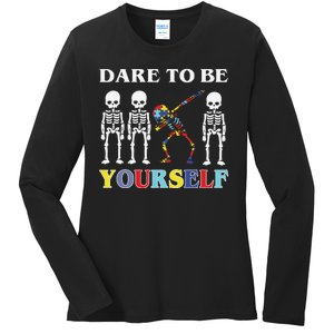 Dare To Be Yourself Autism Awareness Skeleton Ladies Long Sleeve Shirt