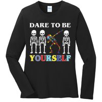 Dare To Be Yourself Autism Awareness Skeleton Ladies Long Sleeve Shirt
