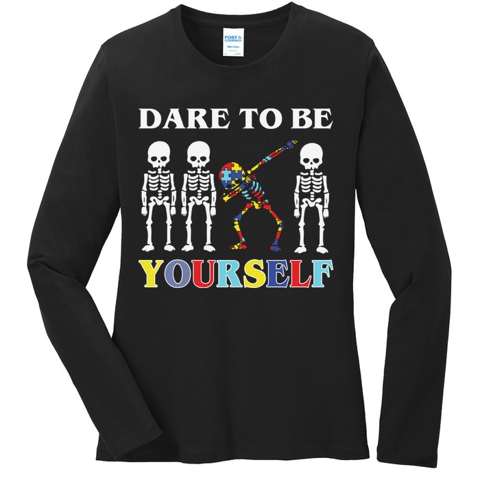 Dare To Be Yourself Autism Awareness Skeleton Ladies Long Sleeve Shirt