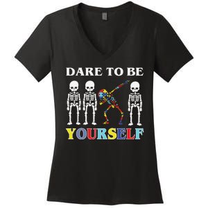 Dare To Be Yourself Autism Awareness Skeleton Women's V-Neck T-Shirt