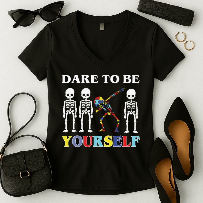 Dare To Be Yourself Autism Awareness Skeleton Women's V-Neck T-Shirt