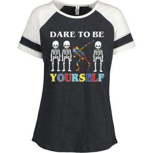 Dare To Be Yourself Autism Awareness Skeleton Enza Ladies Jersey Colorblock Tee