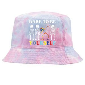 Dare To Be Yourself Autism Awareness Skeleton Tie-Dyed Bucket Hat