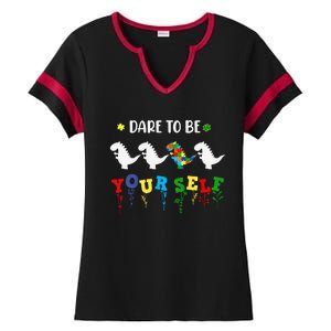 Dare To Be Yourself Autism Awareness Dinosaur Puzzle 2023 Great Gift Ladies Halftime Notch Neck Tee