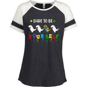 Dare To Be Yourself Autism Awareness Dinosaur Puzzle 2023 Great Gift Enza Ladies Jersey Colorblock Tee