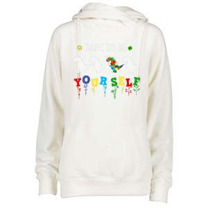 Dare To Be Yourself Autism Awareness Dinosaur Puzzle 2023 Great Gift Womens Funnel Neck Pullover Hood