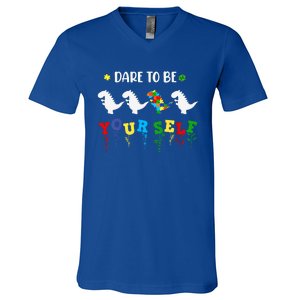 Dare To Be Yourself Autism Awareness Dinosaur Puzzle 2023 Great Gift V-Neck T-Shirt