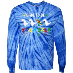 Dare To Be Yourself Autism Awareness Dinosaur Puzzle 2023 Great Gift Tie-Dye Long Sleeve Shirt