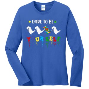 Dare To Be Yourself Autism Awareness Dinosaur Puzzle 2023 Great Gift Ladies Long Sleeve Shirt