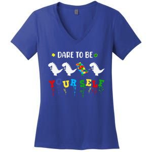 Dare To Be Yourself Autism Awareness Dinosaur Puzzle 2023 Great Gift Women's V-Neck T-Shirt