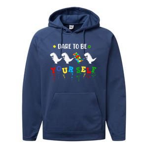 Dare To Be Yourself Autism Awareness Dinosaur Puzzle 2023 Great Gift Performance Fleece Hoodie