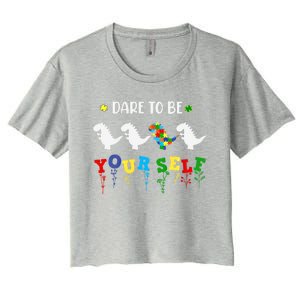 Dare To Be Yourself Autism Awareness Dinosaur Puzzle 2023 Great Gift Women's Crop Top Tee