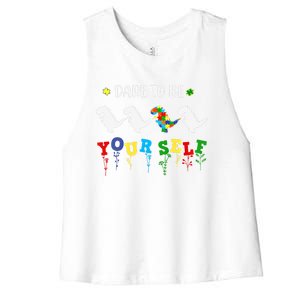 Dare To Be Yourself Autism Awareness Dinosaur Puzzle 2023 Great Gift Women's Racerback Cropped Tank