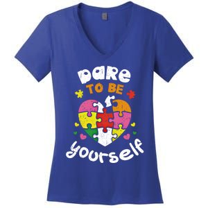 Dare To Be Yourself Autism Awareness Month Campaign Great Gift Women's V-Neck T-Shirt