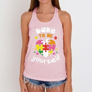 Dare To Be Yourself Autism Awareness Month Campaign Great Gift Women's Knotted Racerback Tank