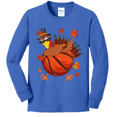 Dabbing Turkey & Basketball Ball Fall Vibes Thanksgiving Kids Long Sleeve Shirt