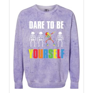 Dare To Be Yourself Dabbing Skeleton Autism Awareness Gift Colorblast Crewneck Sweatshirt