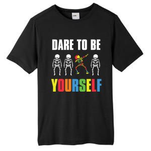 Dare To Be Yourself Dabbing Skeleton Autism Awareness Gift Tall Fusion ChromaSoft Performance T-Shirt