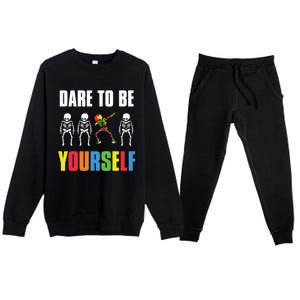 Dare To Be Yourself Dabbing Skeleton Autism Awareness Gift Premium Crewneck Sweatsuit Set