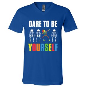 Dare To Be Yourself Dabbing Skeleton Autism Awareness Gift V-Neck T-Shirt