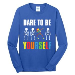 Dare To Be Yourself Dabbing Skeleton Autism Awareness Gift Tall Long Sleeve T-Shirt