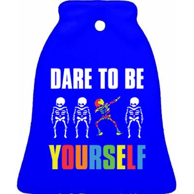 Dare To Be Yourself Dabbing Skeleton Autism Awareness Gift Ceramic Bell Ornament