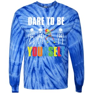 Dare To Be Yourself Dabbing Skeleton Autism Awareness Gift Tie-Dye Long Sleeve Shirt