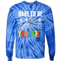 Dare To Be Yourself Dabbing Skeleton Autism Awareness Gift Tie-Dye Long Sleeve Shirt