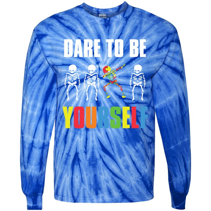 Dare To Be Yourself Dabbing Skeleton Autism Awareness Gift Tie-Dye Long Sleeve Shirt