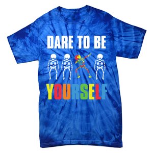 Dare To Be Yourself Dabbing Skeleton Autism Awareness Gift Tie-Dye T-Shirt